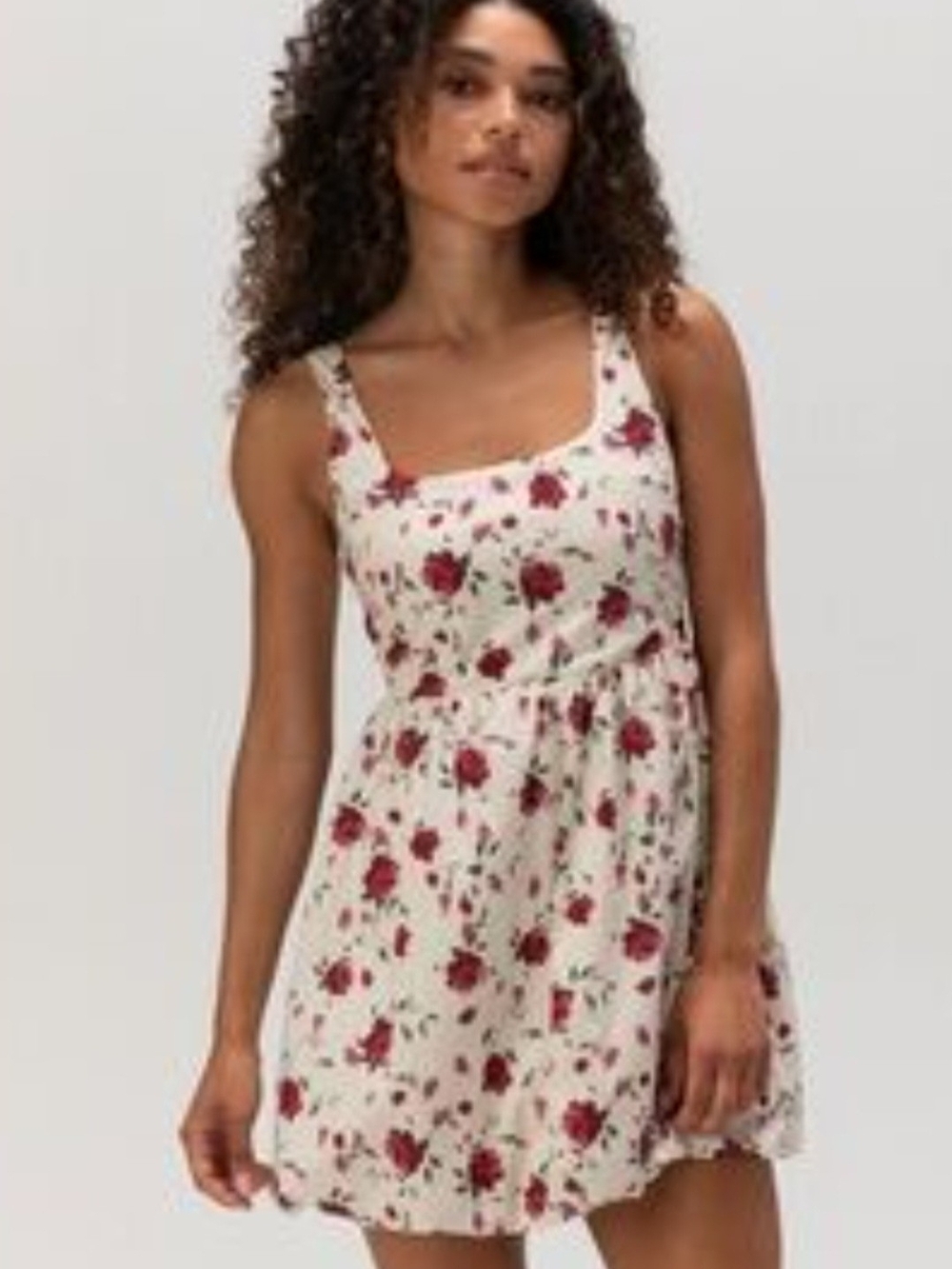 Full Tilt Bubble Hem Cream Mini Dress with Red Rose Print